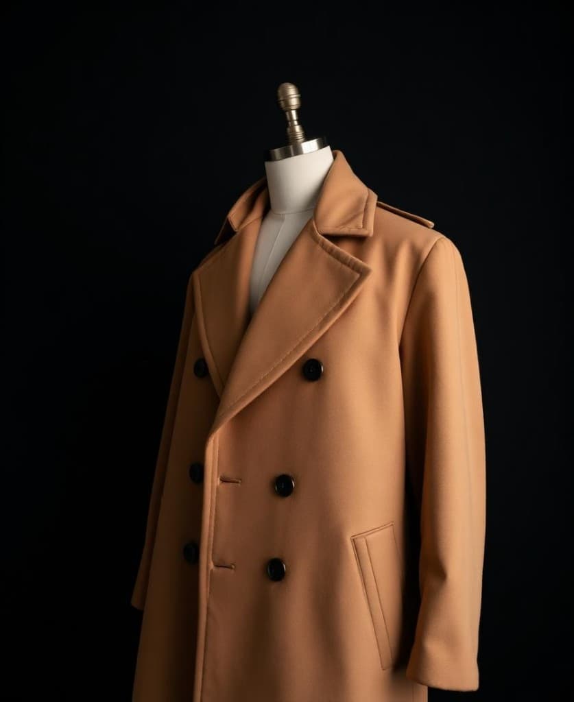 Camel wool overcoat on a mannequin against a matte black backdrop