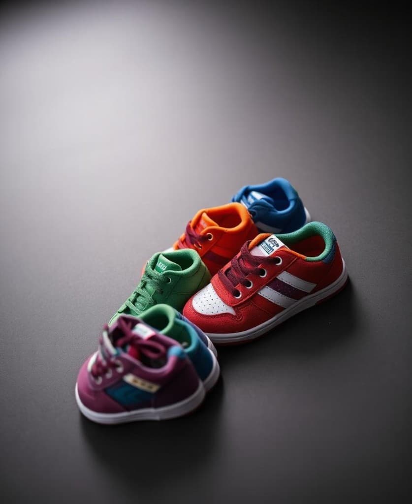 Colorful children's sneakers arranged on a deep charcoal background