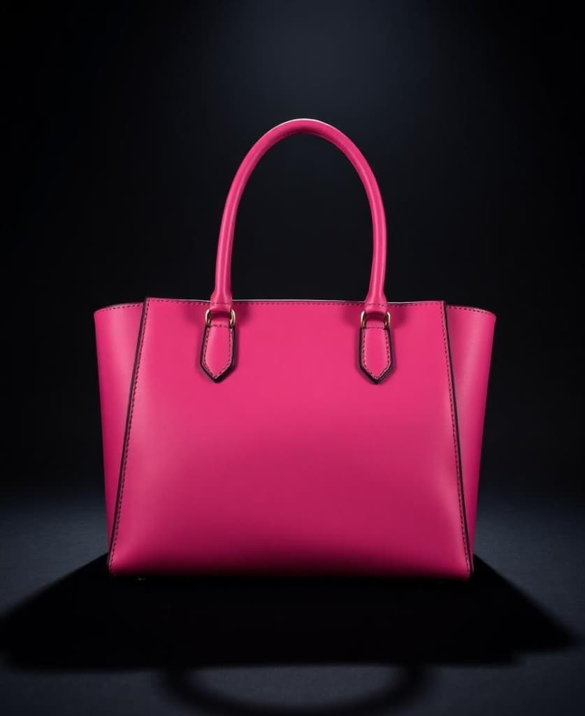 Vivid magenta leather handbag on a dark textured surface with dramatic side lighting