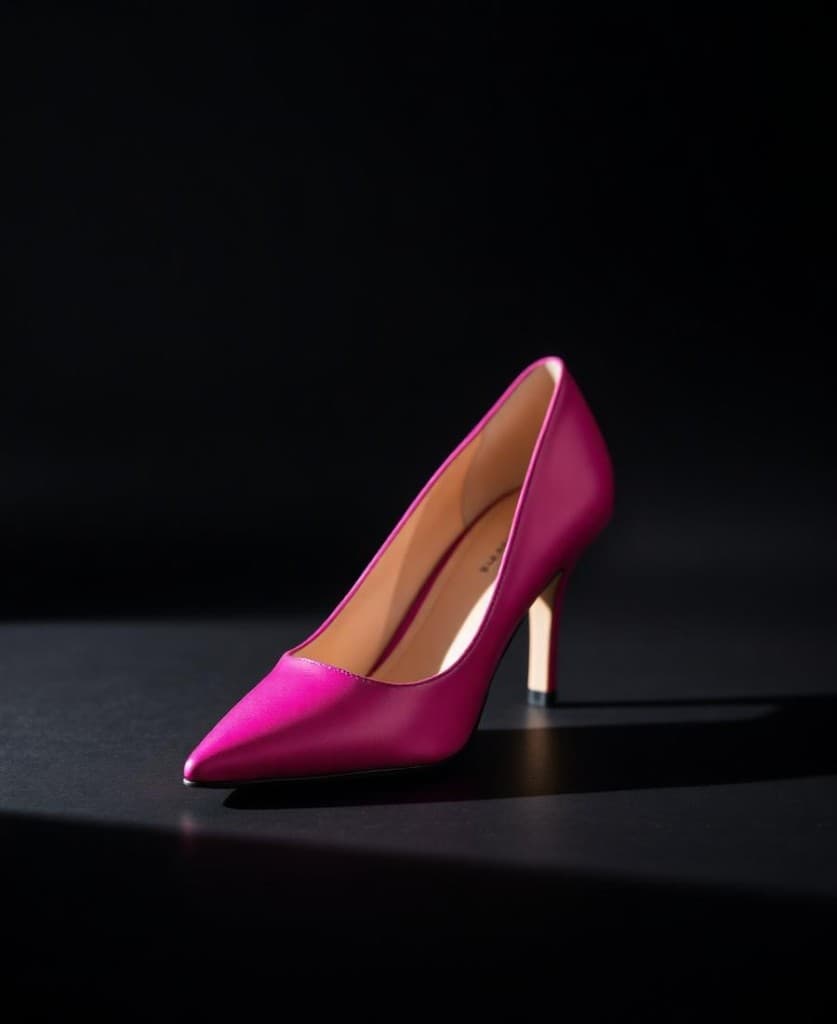 Magenta pointed-toe stiletto heel on a black reflective floor under a soft spotlight
