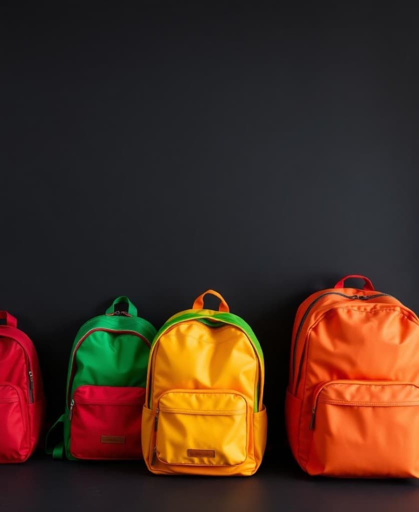 Bright red, green, yellow and orange backpacks lined up on a dark surface