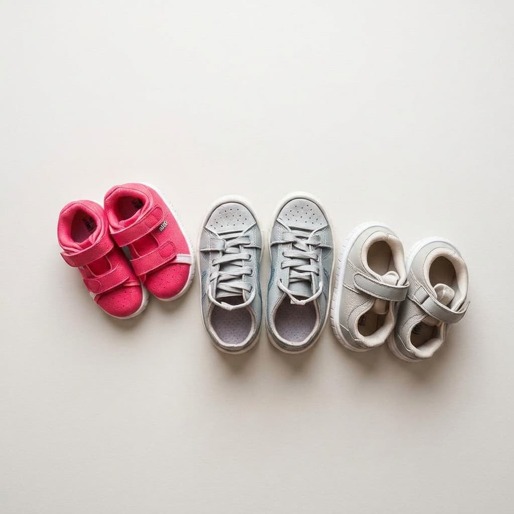 Pastel and bright kids sneakers arranged on a clean light background