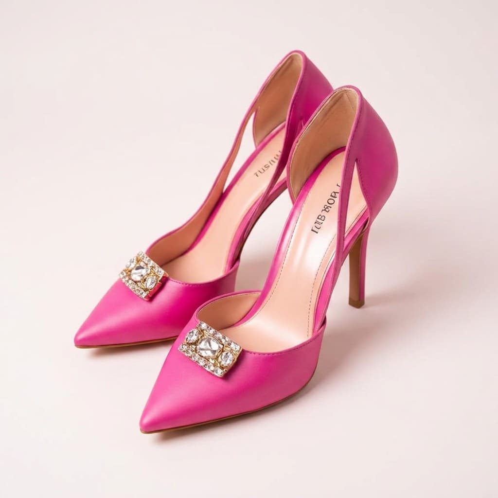 Fuchsia pointed-toe heels with crystal buckles on a soft pink studio background