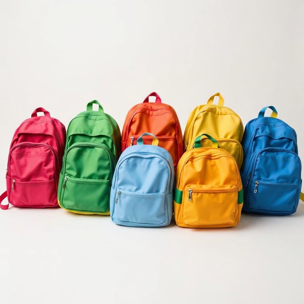 Colorful school backpacks arranged on a bright neutral studio surface